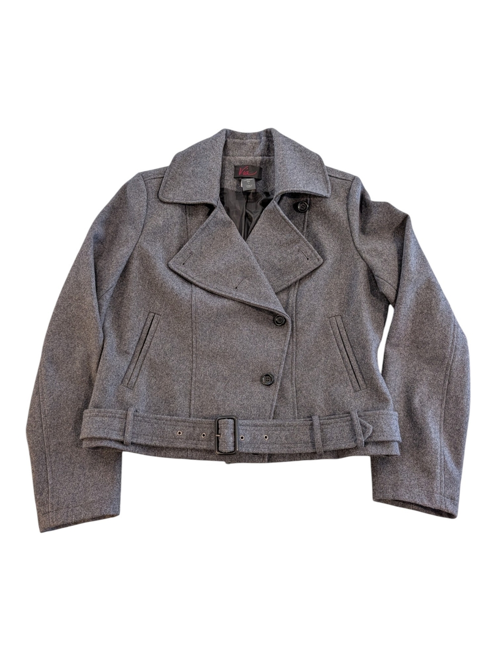 Wool-Blend Gray Belted Bomber Jacket
